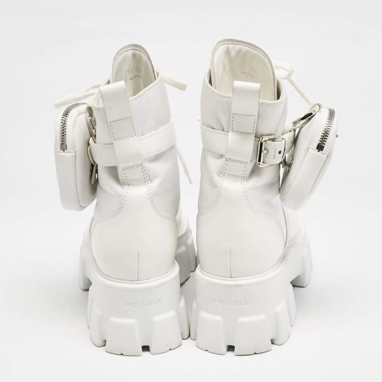 Pre Owned Prada White Leather and Nylon Monolith Combat Boots Size 38.5