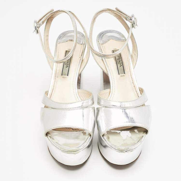 Pre Owned Prada Silver Leather Platform Ankle Strap Sandals Size 36.5