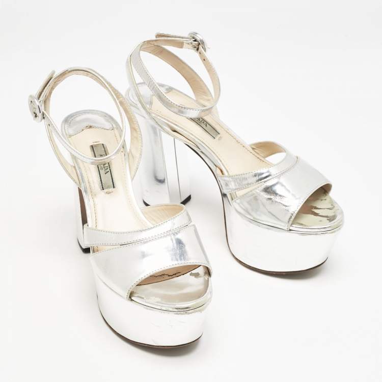 Pre Owned Prada Silver Leather Platform Ankle Strap Sandals Size 36.5