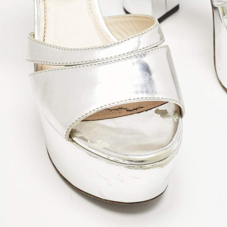 Pre Owned Prada Silver Leather Platform Ankle Strap Sandals Size 36.5