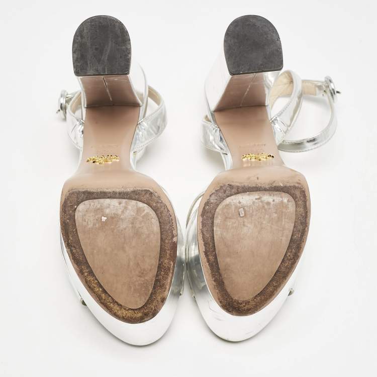 Pre Owned Prada Silver Leather Platform Ankle Strap Sandals Size 36.5