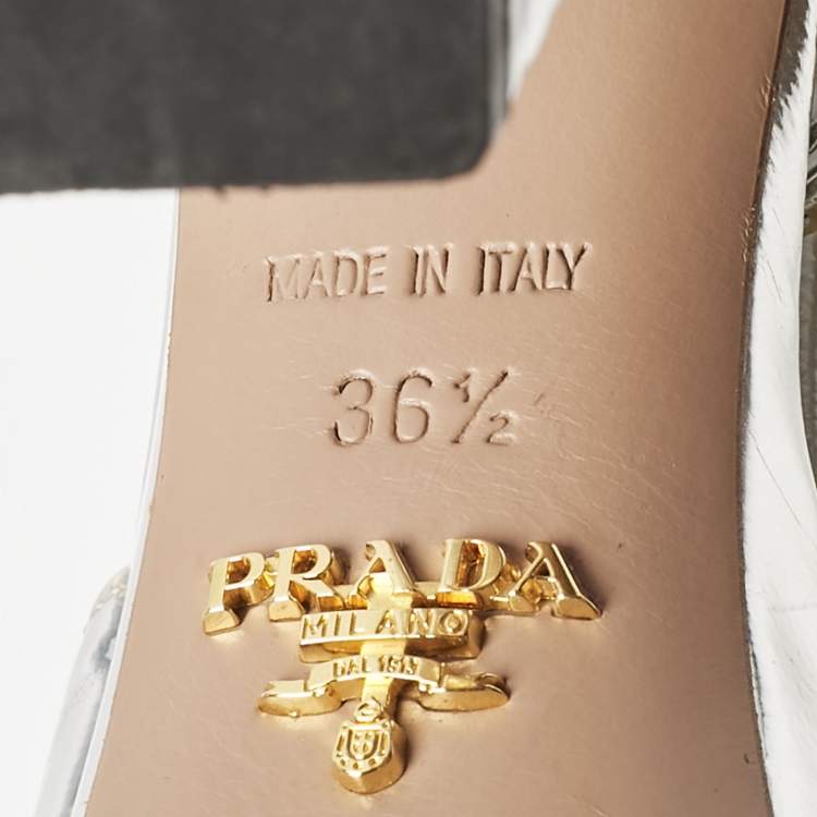 Pre Owned Prada Silver Leather Platform Ankle Strap Sandals Size 36.5