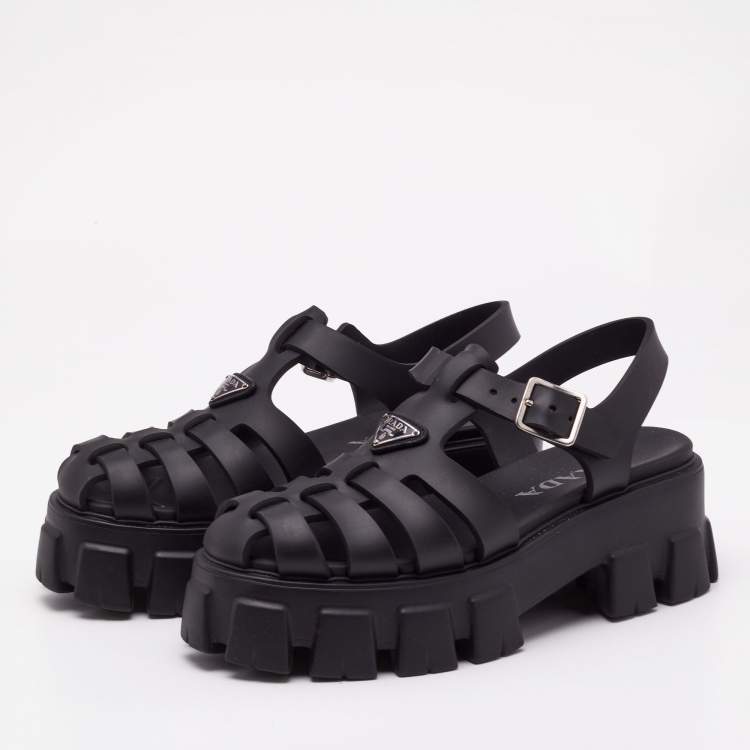 Pre Owned Prada Black Rubber Monolith Sandals Size 38