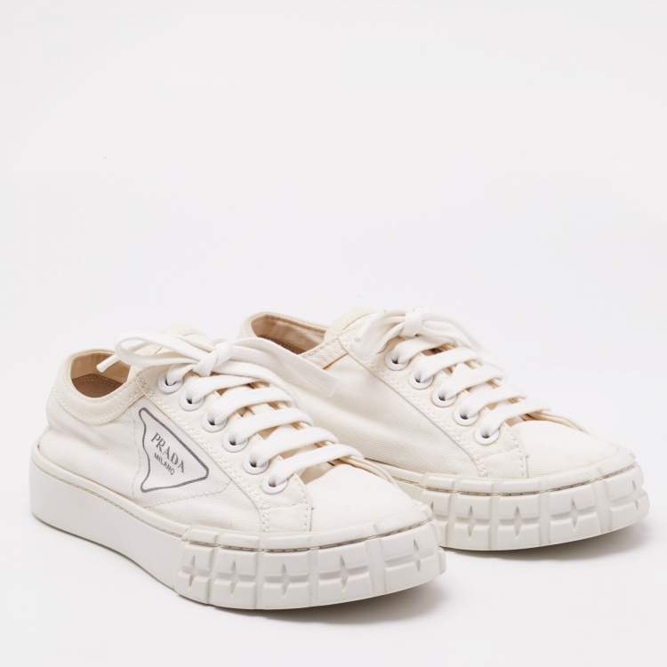 Pre Owned Prada White Re-Nylon Double Wheel Low Top Sneakers Size 37