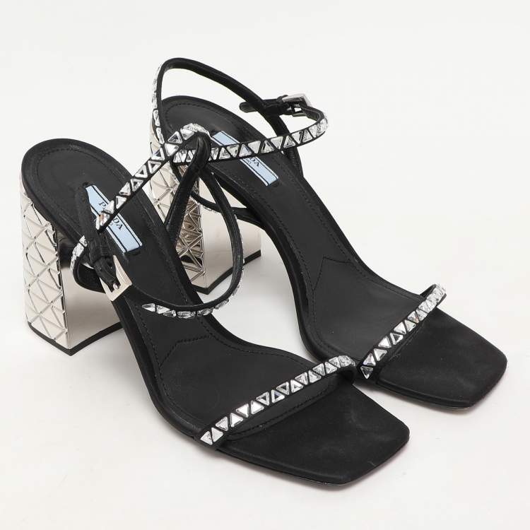 Pre Owned Prada Black Satin Embellished Ankle Strap Sandals Size 40