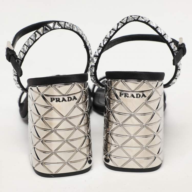 Pre Owned Prada Black Satin Embellished Ankle Strap Sandals Size 40