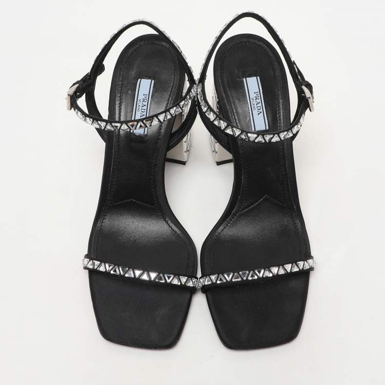 Pre Owned Prada Black Satin Embellished Ankle Strap Sandals Size 40