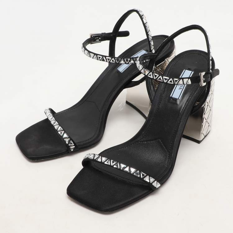 Pre Owned Prada Black Satin Embellished Ankle Strap Sandals Size 40