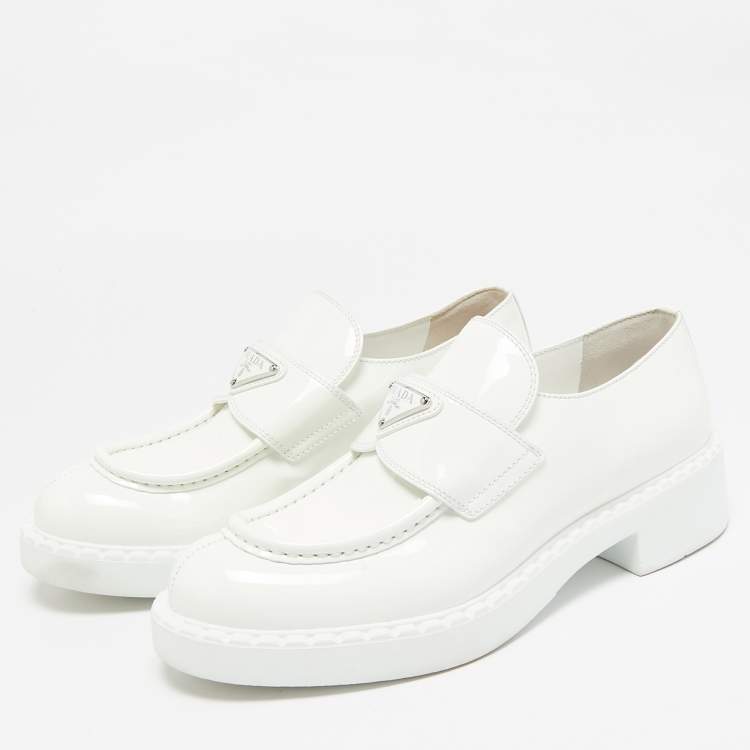 Pre Owned Prada White Patent Leather Slip On Loafers Size 37.5