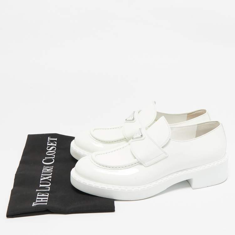 Pre Owned Prada White Patent Leather Slip On Loafers Size 37.5