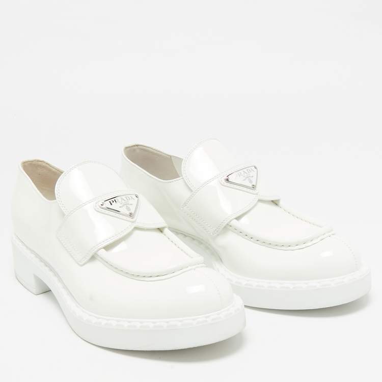Pre Owned Prada White Patent Leather Slip On Loafers Size 37.5