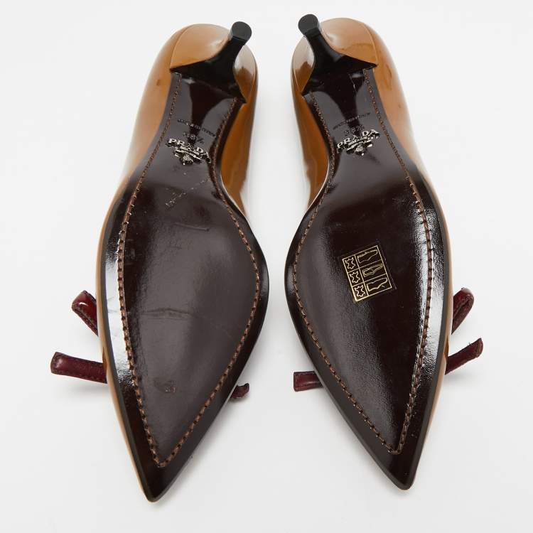 Pre Owned Prada Brown/Burgundy Patent Leather Bow Pointed Toe Pumps Size 38.5