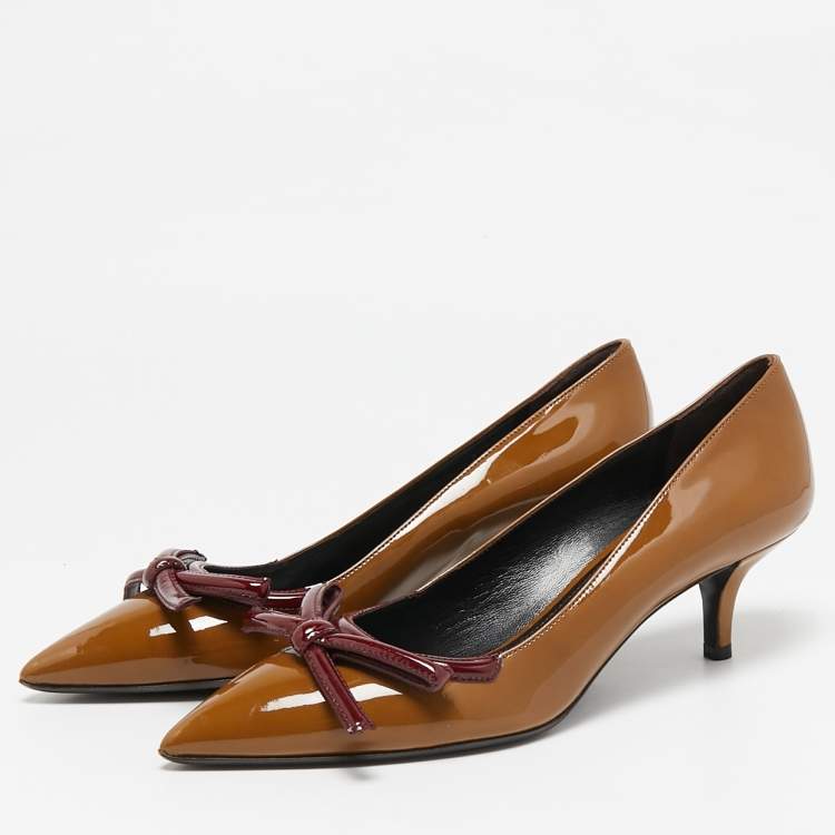 Pre Owned Prada Brown/Burgundy Patent Leather Bow Pointed Toe Pumps Size 38.5