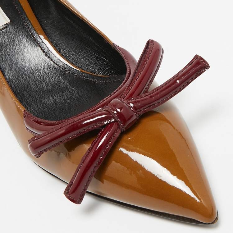 Pre Owned Prada Brown/Burgundy Patent Leather Bow Pointed Toe Pumps Size 38.5