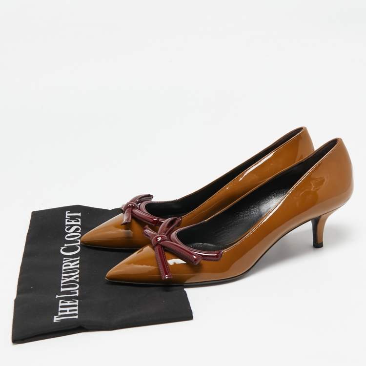 Pre Owned Prada Brown/Burgundy Patent Leather Bow Pointed Toe Pumps Size 38.5