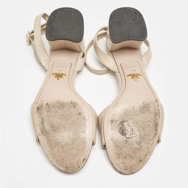 Pre Owned Prada Beige Patent Leather Logo Ankle Strap Sandals Size 40