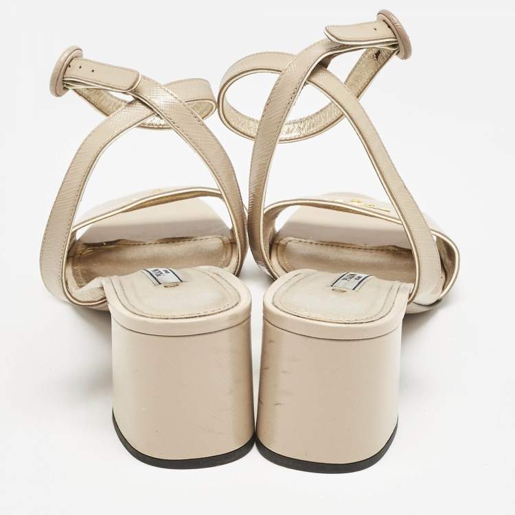 Pre Owned Prada Beige Patent Leather Logo Ankle Strap Sandals Size 40