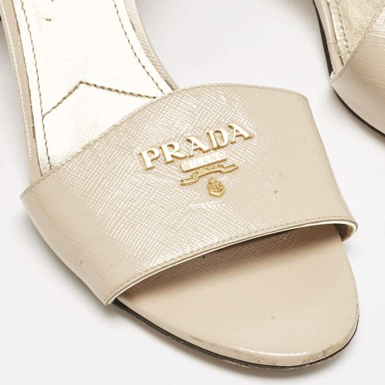 Pre Owned Prada Beige Patent Leather Logo Ankle Strap Sandals Size 40