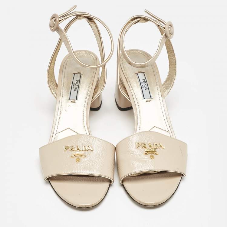 Pre Owned Prada Beige Patent Leather Logo Ankle Strap Sandals Size 40
