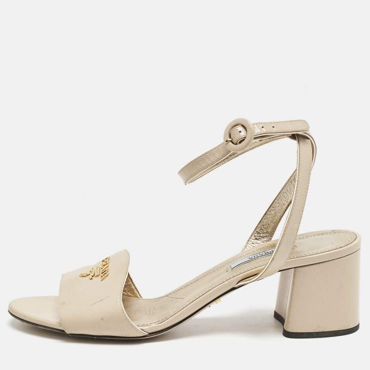 Pre Owned Prada Beige Patent Leather Logo Ankle Strap Sandals Size 40