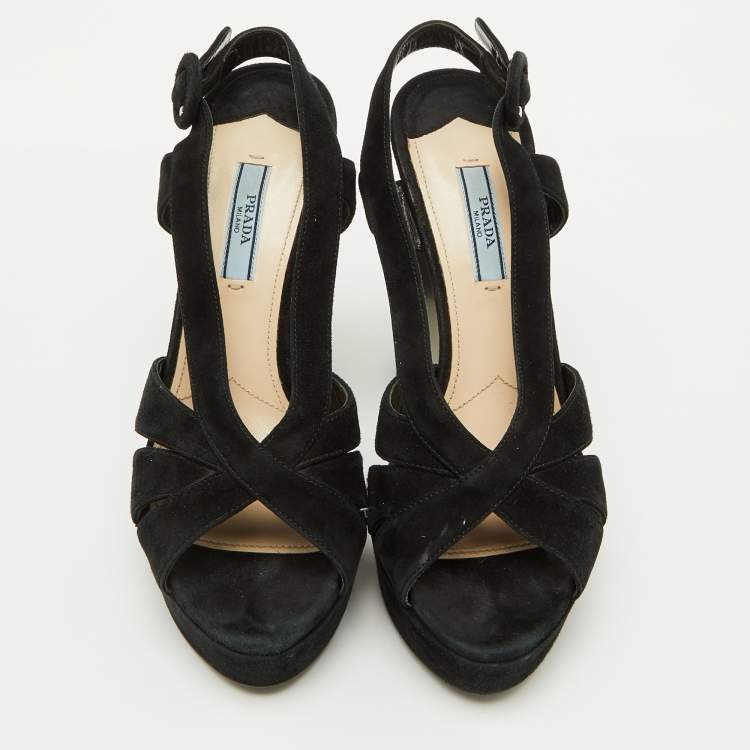 Pre Owned Prada Black Suede Crystal Embellished Heel Platform Sandals Size 38