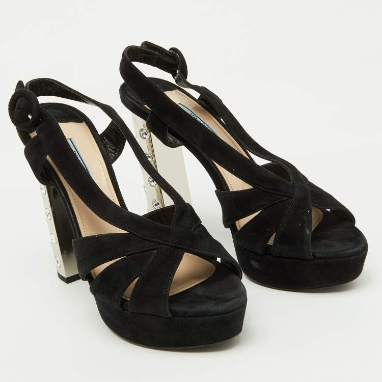 Pre Owned Prada Black Suede Crystal Embellished Heel Platform Sandals Size 38