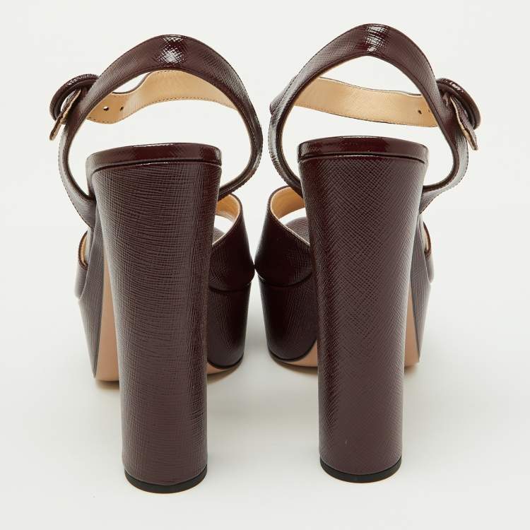 Pre Owned Prada Burgundy Saffiano Patent Leather Platform Ankle Strap Sandals Size 39