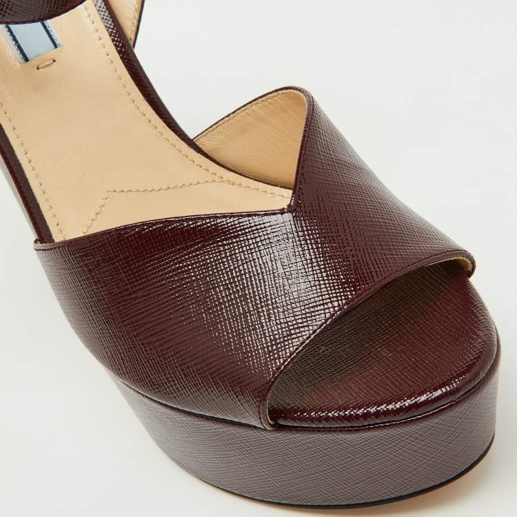 Pre Owned Prada Burgundy Saffiano Patent Leather Platform Ankle Strap Sandals Size 39