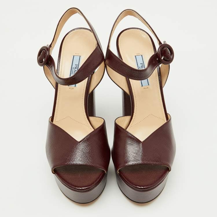 Pre Owned Prada Burgundy Saffiano Patent Leather Platform Ankle Strap Sandals Size 39