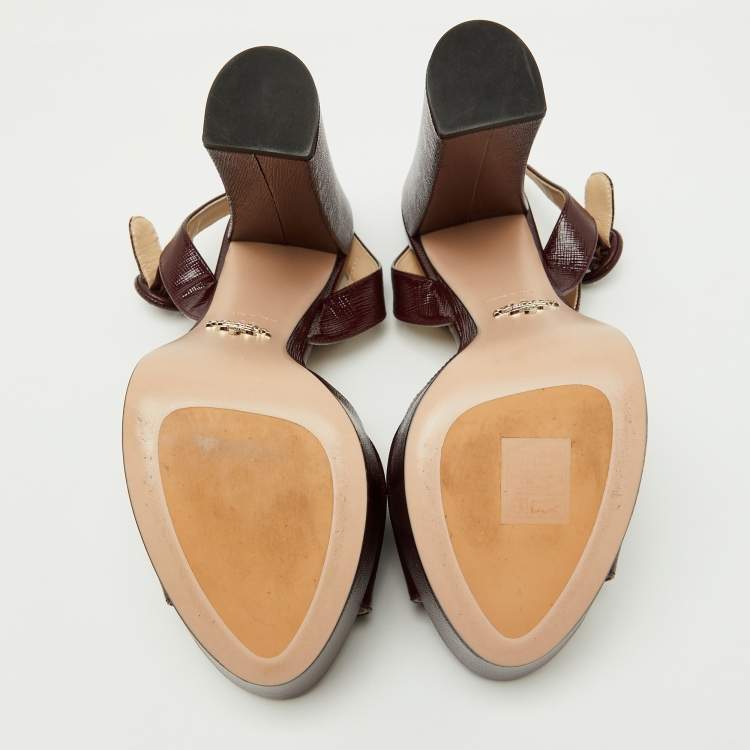 Pre Owned Prada Burgundy Saffiano Patent Leather Platform Ankle Strap Sandals Size 39