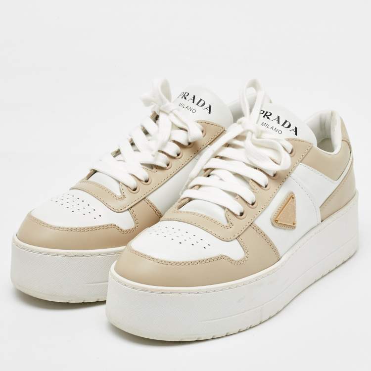 Pre Owned Prada White/Beige Leather Downtown Bold Platform Low Top Sneakers Size 39