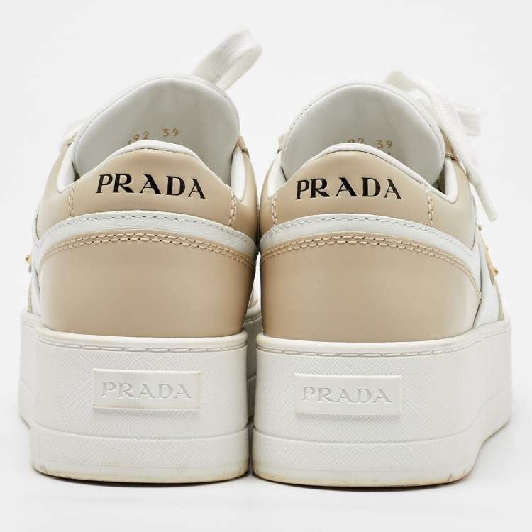 Pre Owned Prada White/Beige Leather Downtown Bold Platform Low Top Sneakers Size 39
