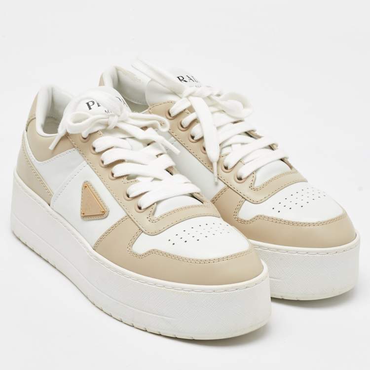 Pre Owned Prada White/Beige Leather Downtown Bold Platform Low Top Sneakers Size 39