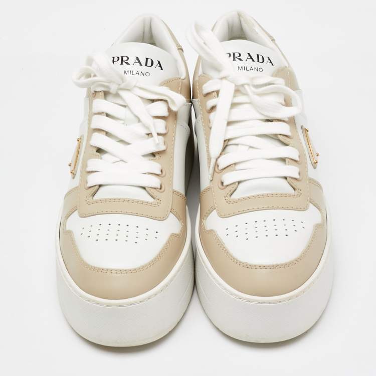 Pre Owned Prada White/Beige Leather Downtown Bold Platform Low Top Sneakers Size 39