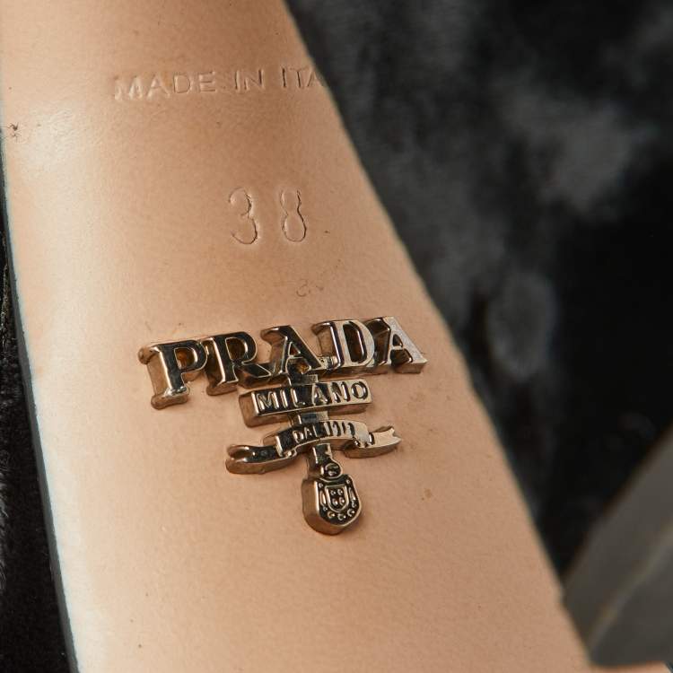 Pre Owned Prada Black Velvet Block Heel Platform Ankle Strap Sandals Size 38