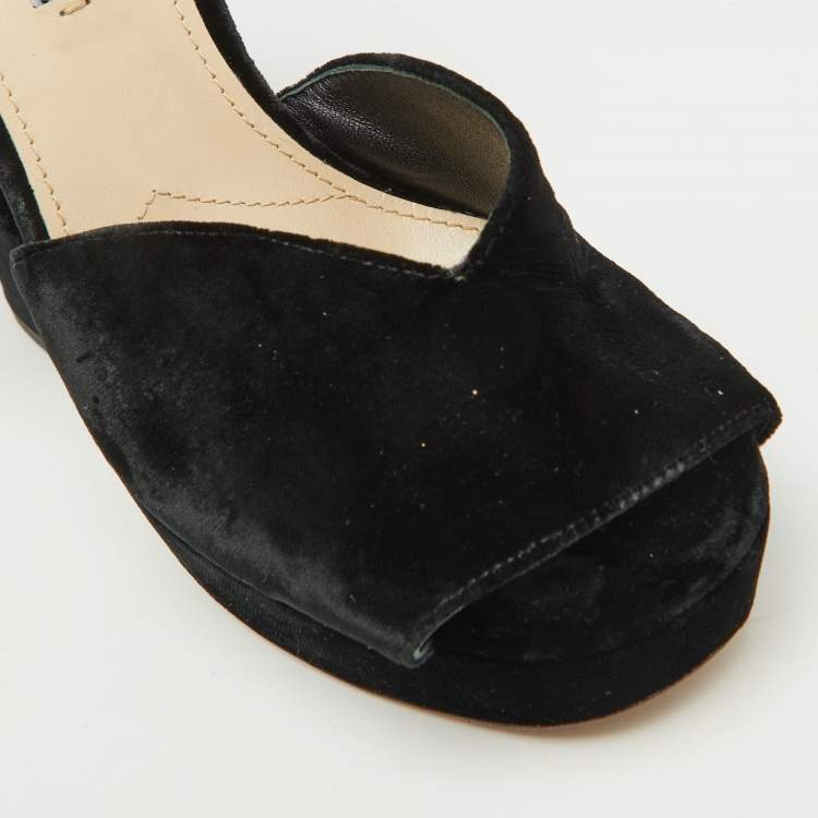 Pre Owned Prada Black Velvet Block Heel Platform Ankle Strap Sandals Size 38
