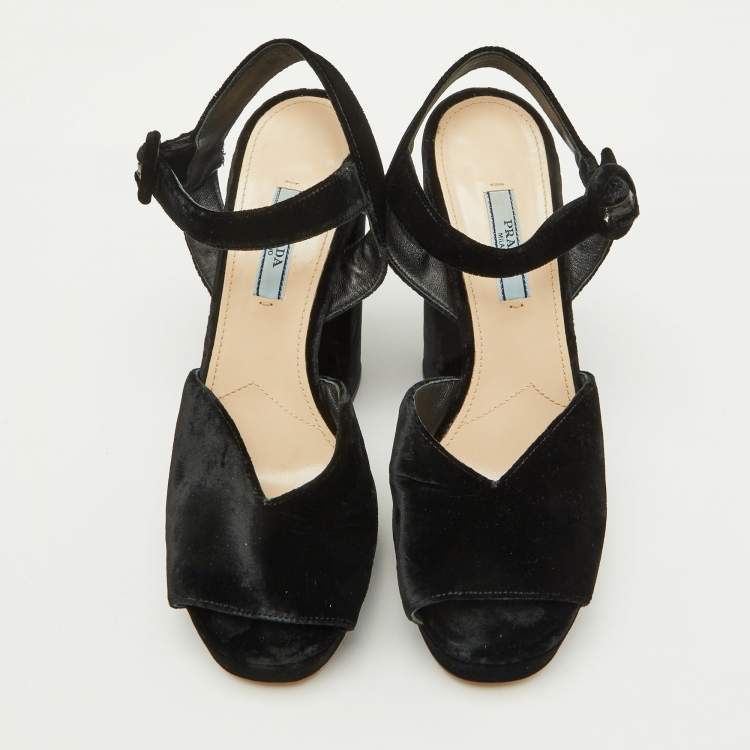 Pre Owned Prada Black Velvet Block Heel Platform Ankle Strap Sandals Size 38
