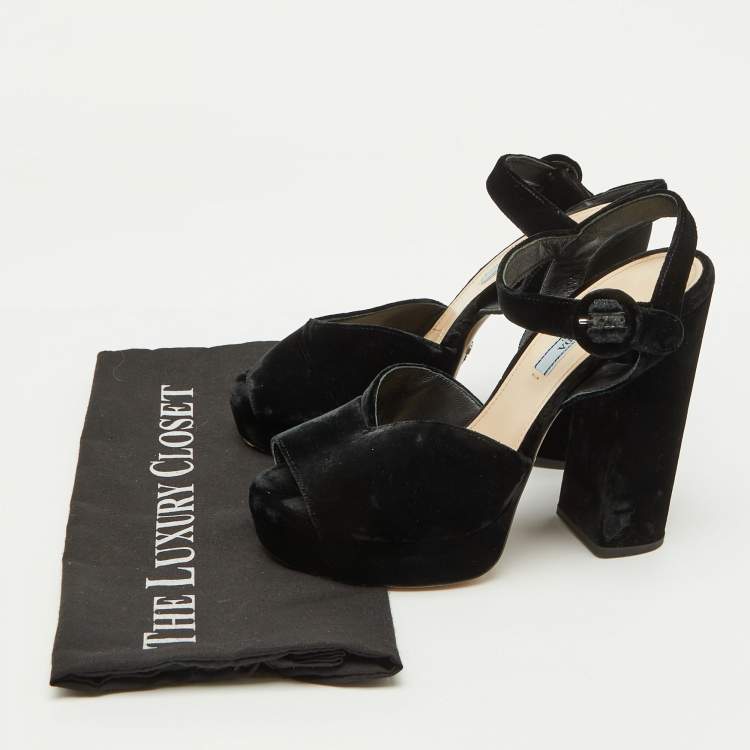 Pre Owned Prada Black Velvet Block Heel Platform Ankle Strap Sandals Size 38