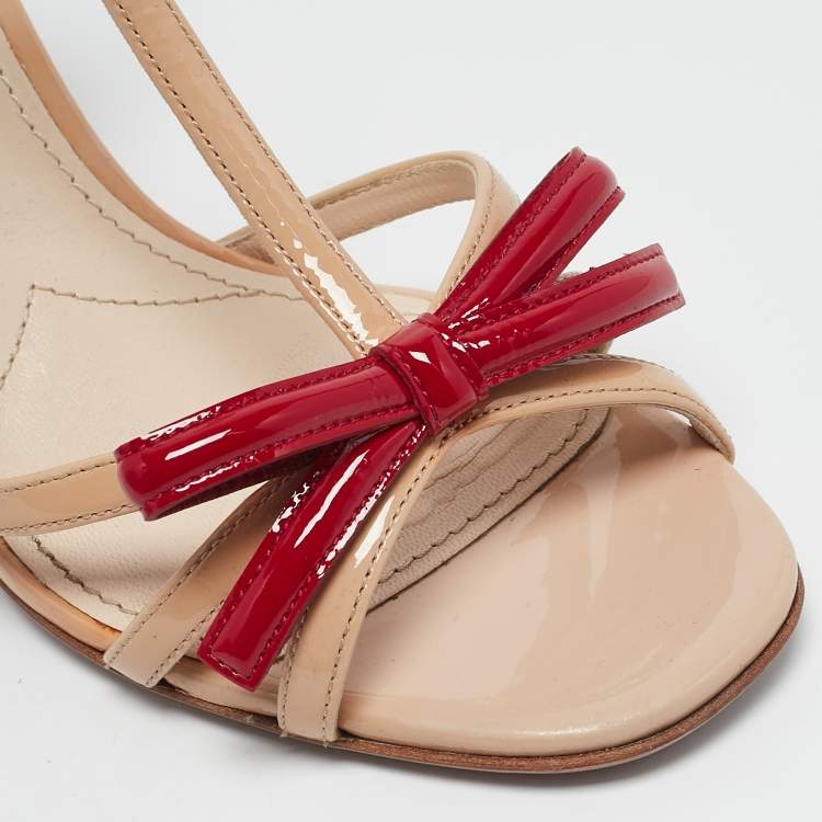 Pre Owned Prada Beige/Red Patent Leather Bow Ankle Strap Sandals Size 38