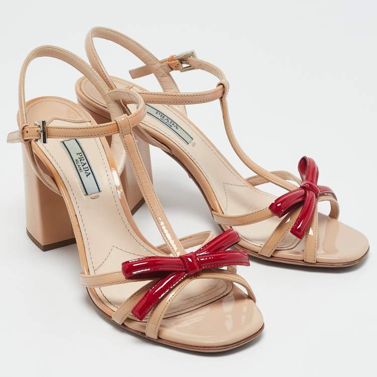 Pre Owned Prada Beige/Red Patent Leather Bow Ankle Strap Sandals Size 38