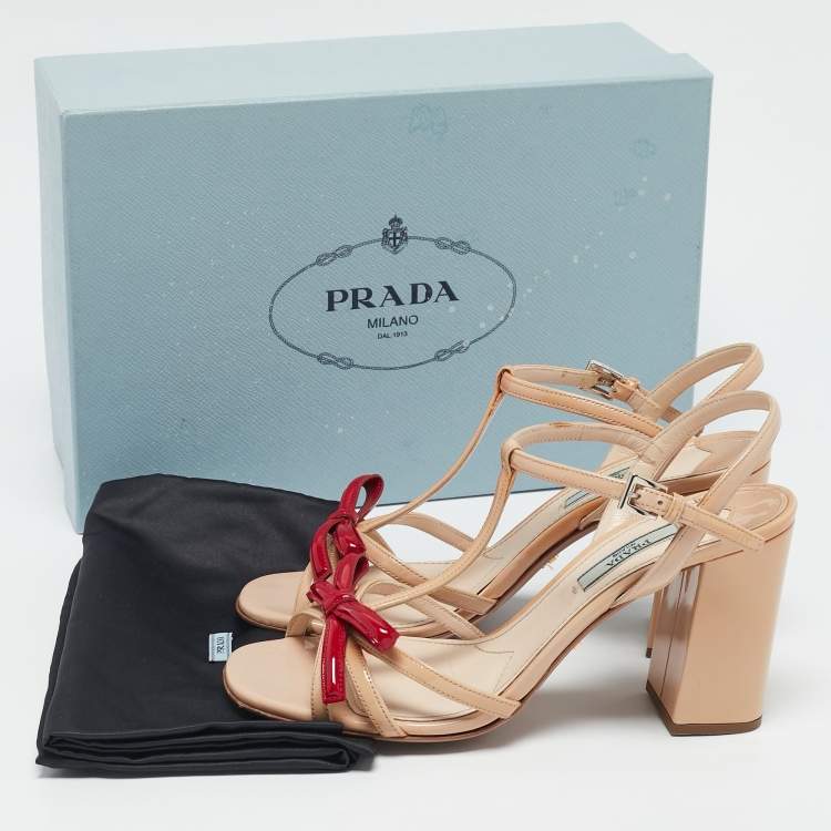 Pre Owned Prada Beige/Red Patent Leather Bow Ankle Strap Sandals Size 38