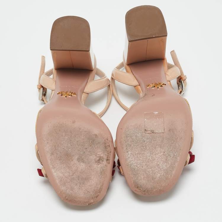 Pre Owned Prada Beige/Red Patent Leather Bow Ankle Strap Sandals Size 38