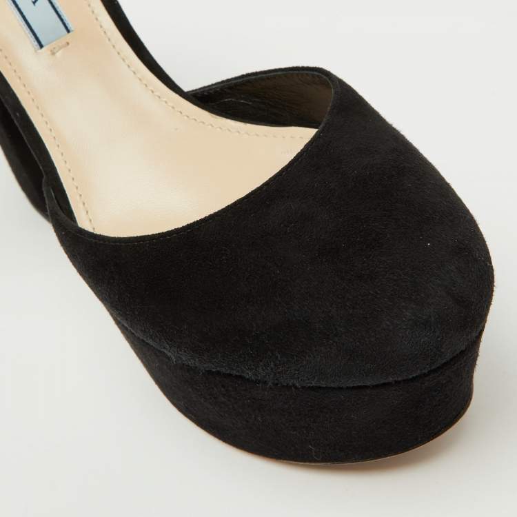 Pre Owned Prada Black Suede Round Toe Platform Ankle Strap Sandals Size 38.5