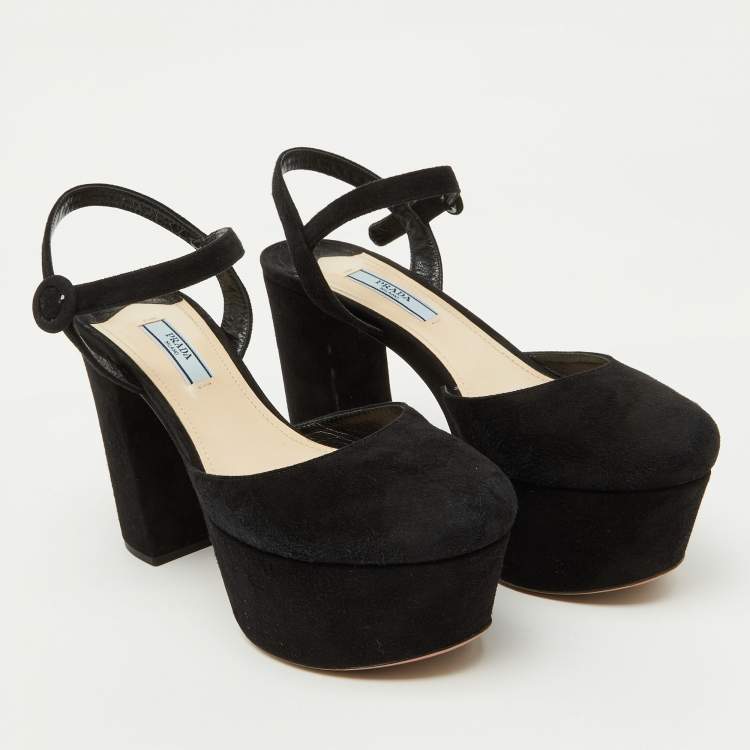 Pre Owned Prada Black Suede Round Toe Platform Ankle Strap Sandals Size 38.5