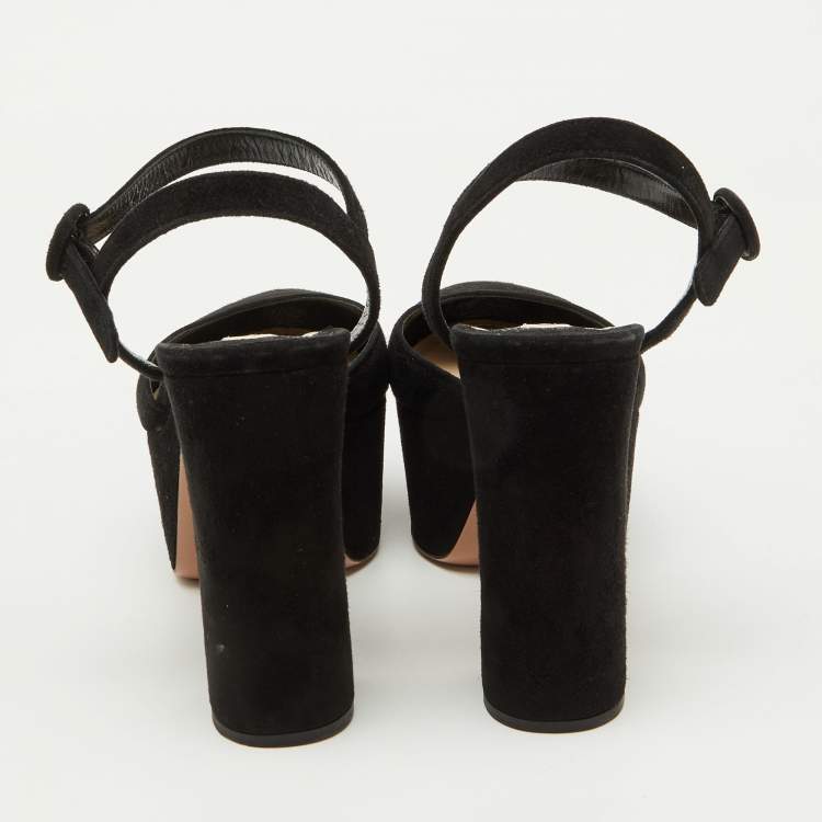 Pre Owned Prada Black Suede Round Toe Platform Ankle Strap Sandals Size 38.5