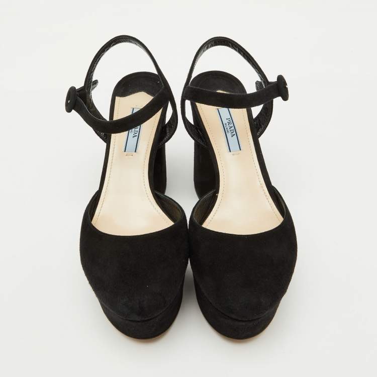 Pre Owned Prada Black Suede Round Toe Platform Ankle Strap Sandals Size 38.5