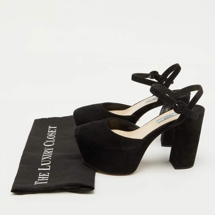 Pre Owned Prada Black Suede Round Toe Platform Ankle Strap Sandals Size 38.5