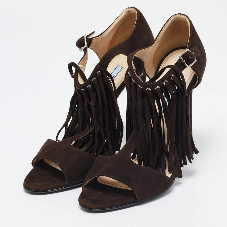 Pre Owned Prada Dark Brown Suede Fringe T-Strap Sandals Size 39.5