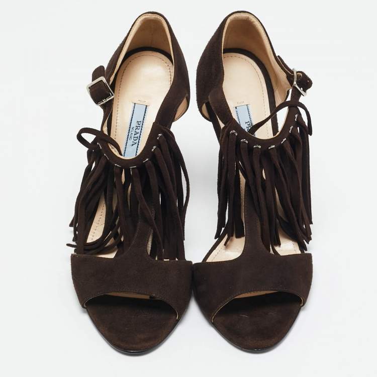 Pre Owned Prada Dark Brown Suede Fringe T-Strap Sandals Size 39.5