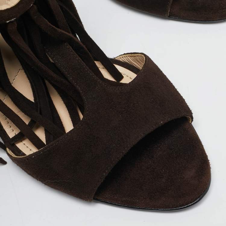 Pre Owned Prada Dark Brown Suede Fringe T-Strap Sandals Size 39.5